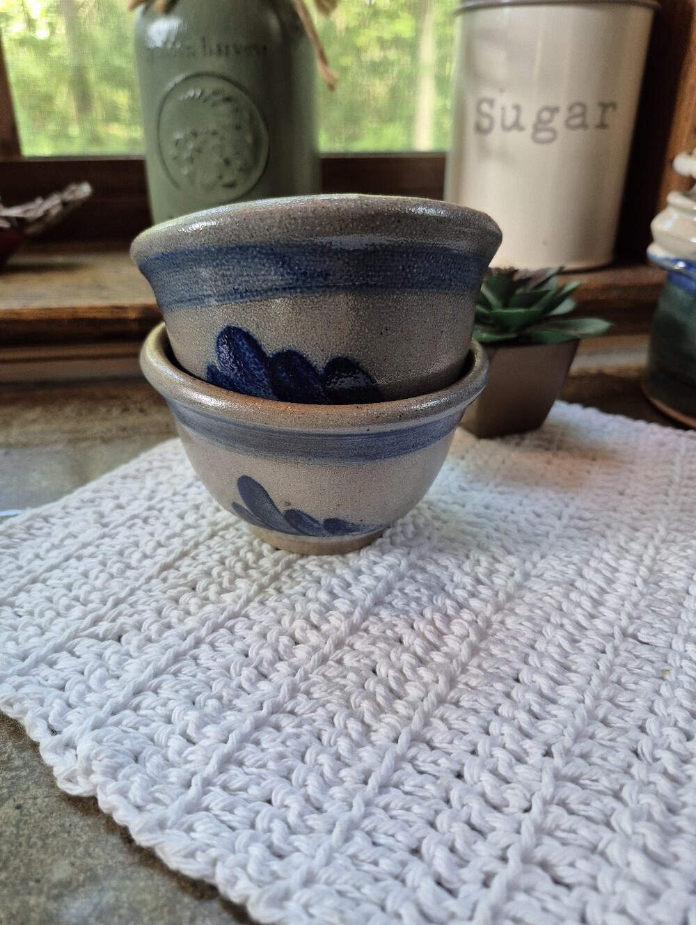 2pc. Vintage 1987 Rowe Pottery Works Blue Salt-Glazed Small Stoneware Bowls 4.5" - Picture 12 of 12